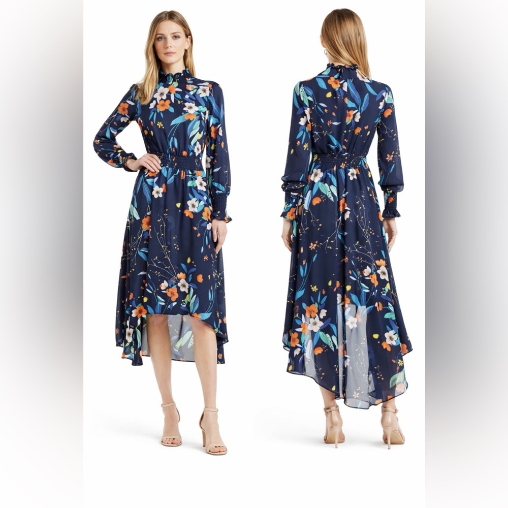 Nanette Lepore Midi Dress 8 Floral Long Sleeve Career Church Stretch Smocked